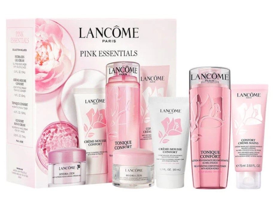 Lancome skincare gift set with toner, cleaners, and lotion with the box it comes in