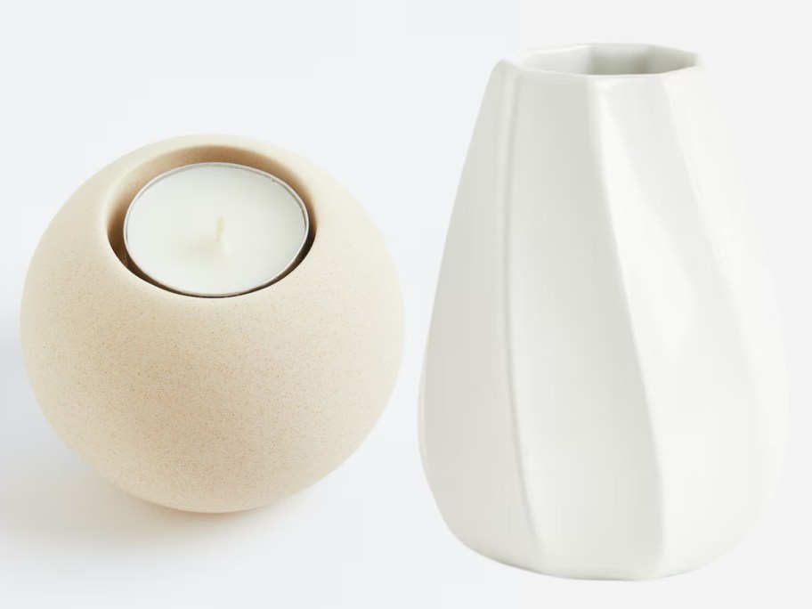 stone tealight holder and white ceramic vase