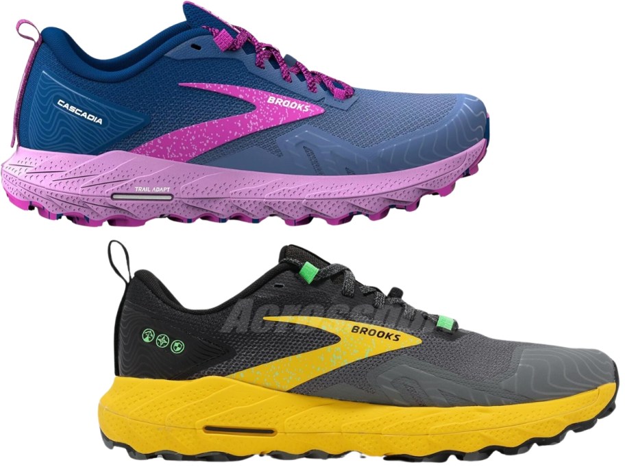 women's purple, pink and blue and men's grey, black and yellow Brooks running shoes