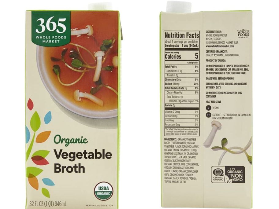front and back of a container of 365 by Whole Foods organic vegetable broth