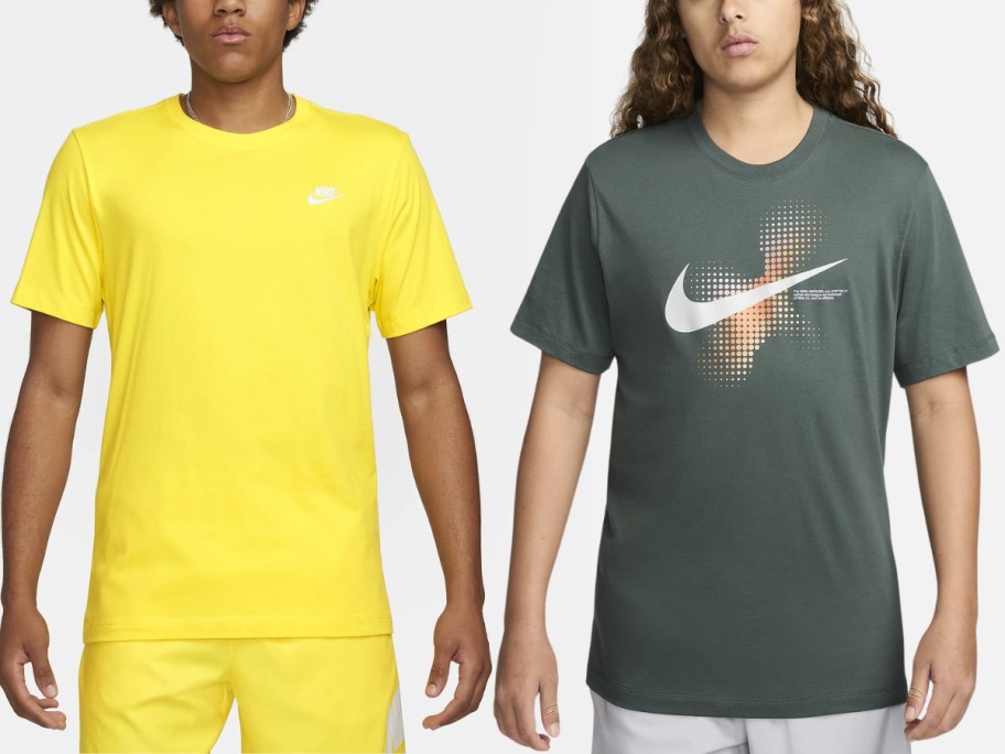 man wearing a bright yellow Nike tshirt next to a man wearing an olive green Nike swoosh tshirt