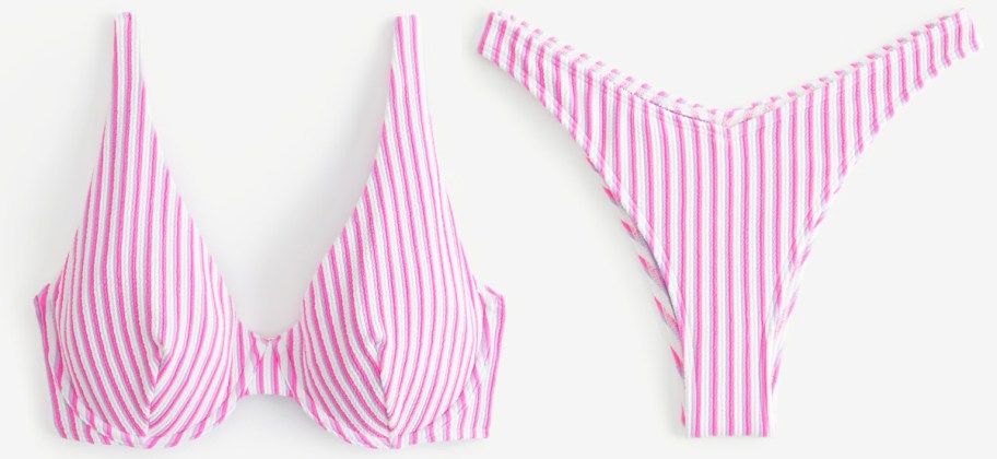 pink and white matching bikini top and bottoms