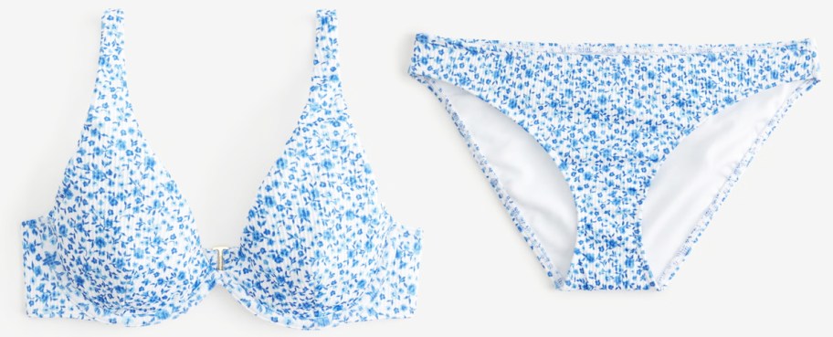 light blue and white matching bikini top and bottoms