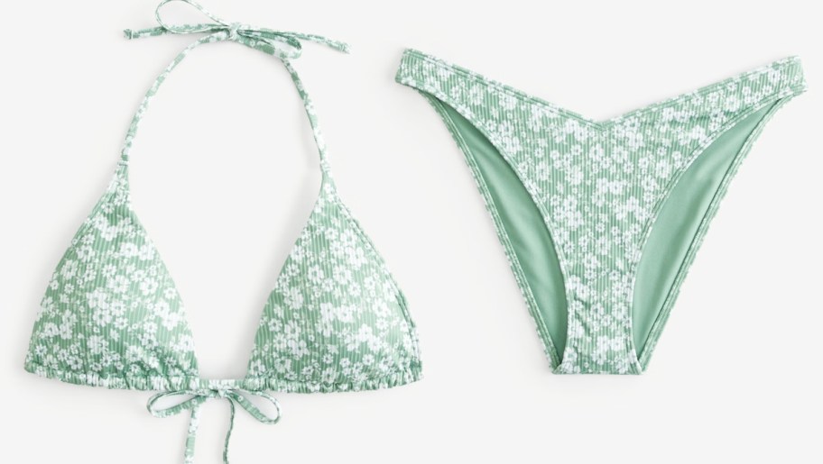 green and white matching bikini top and bottom
