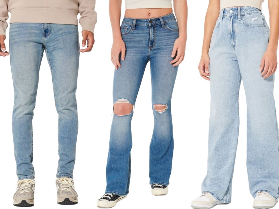 Stock images of a man and two women wearing Hollister jeans
