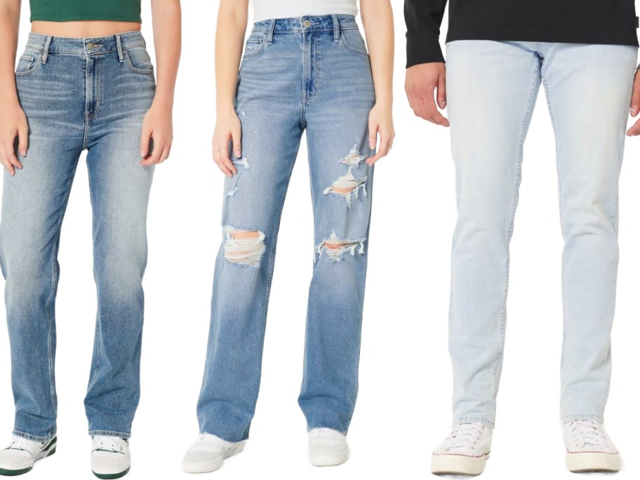 Stock images of 2 women and a man wearing Hollister jeans