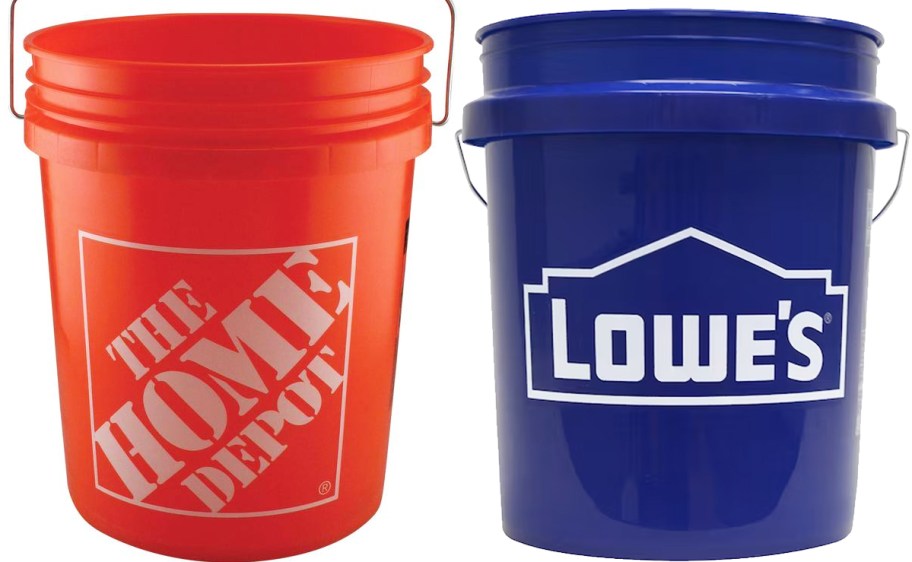 orange home depot and blue lowes 5-gallon buckets