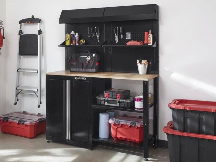 Garage with a Husky Ready-to-Assemble 6-piece Steel Garage Workstation
