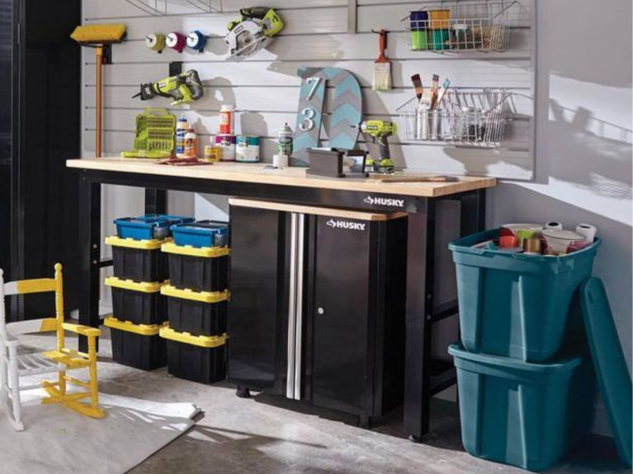 garage with a Husky Ready-to-Assemble 2-Door Garage Base Cabinet