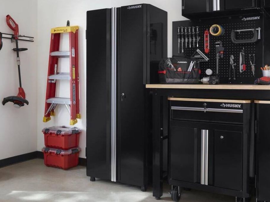 Garage with a Husky Ready-to-Assemble Freestanding Garage Cabinet