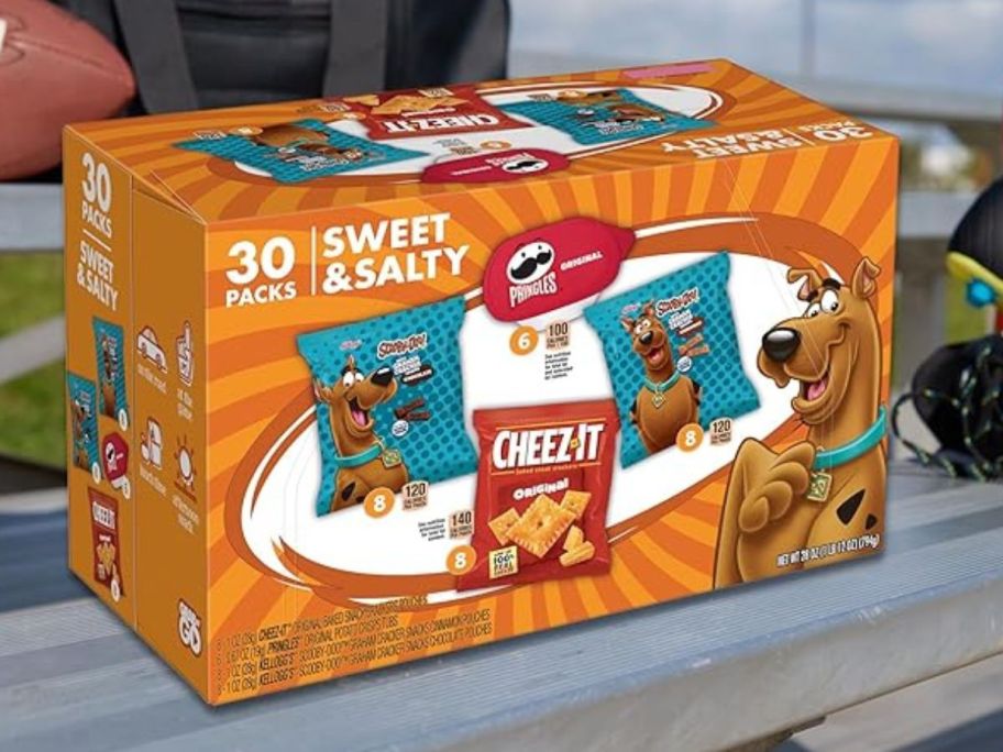 Kellogg's Scooby-Doo! Sweet & Salty 30-Count Variety Pack on bench