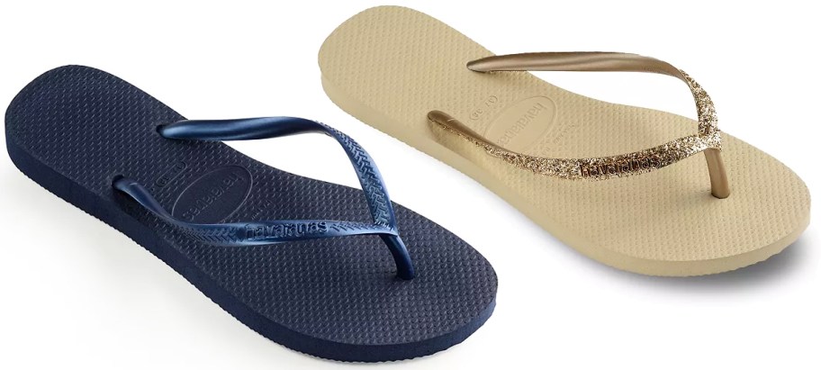 navy blue and gold flip flops