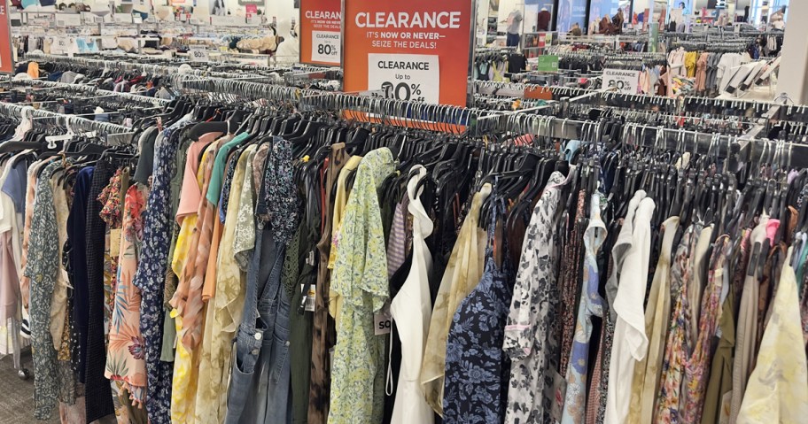 racks of dresses on clearance in kohls store