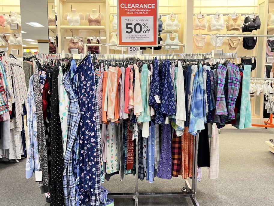 rack of womens pajamas on clearance in kohls store