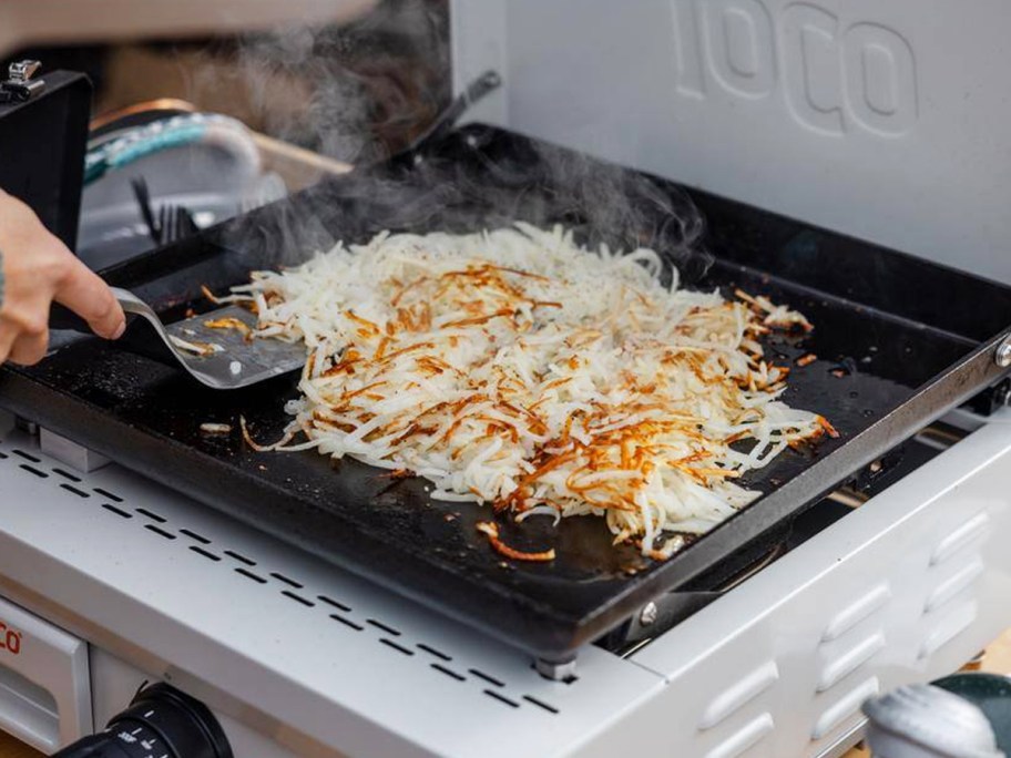 cooking hashbrowns on small tabletop griddle