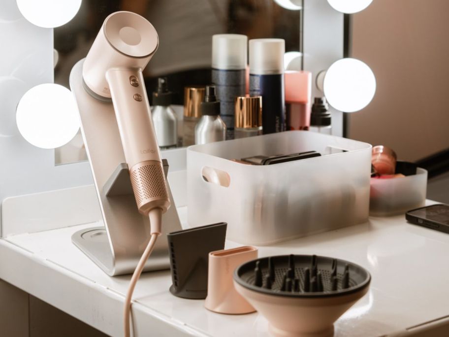 A vanity station with a Lafein Hair dryer on it