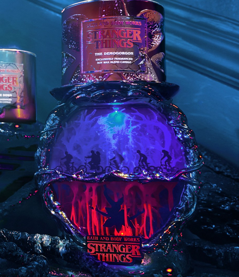 Bath & Body Works Stranger Things candle on top of a candle holder