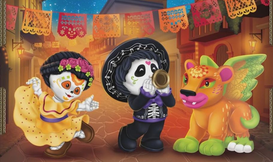 the 3 traditional characters featured in the 3-piece dia de muertos collection