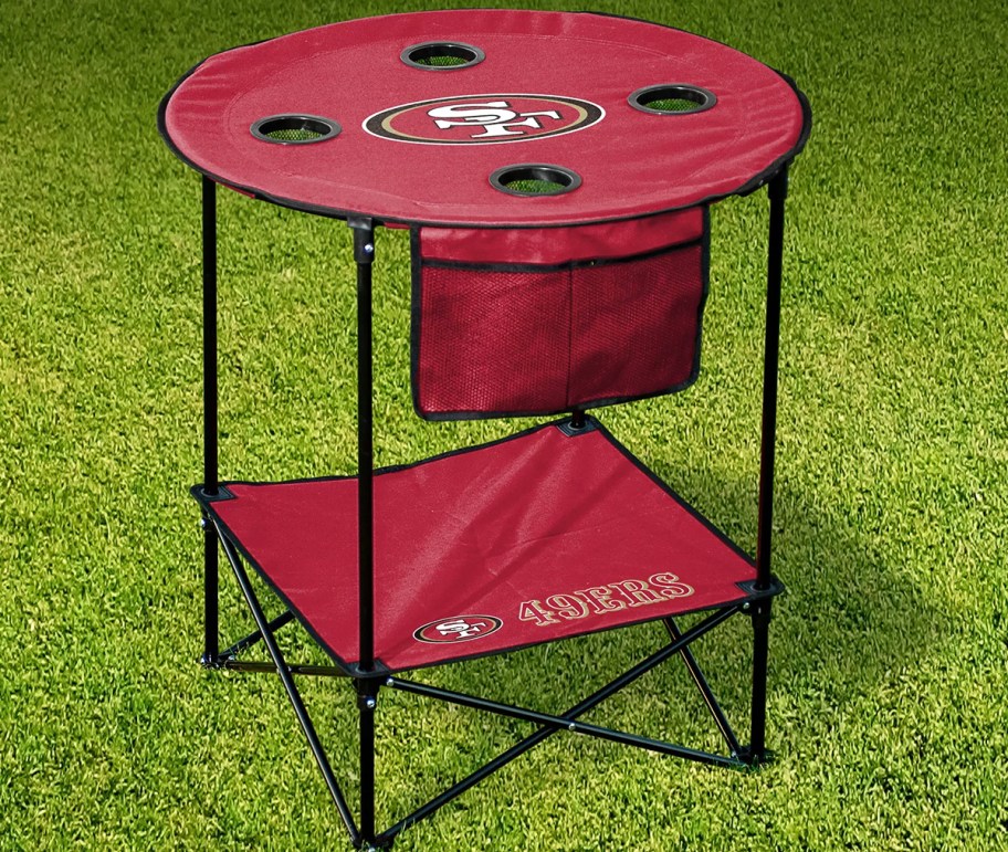 red 49ers pop-up table with can holders