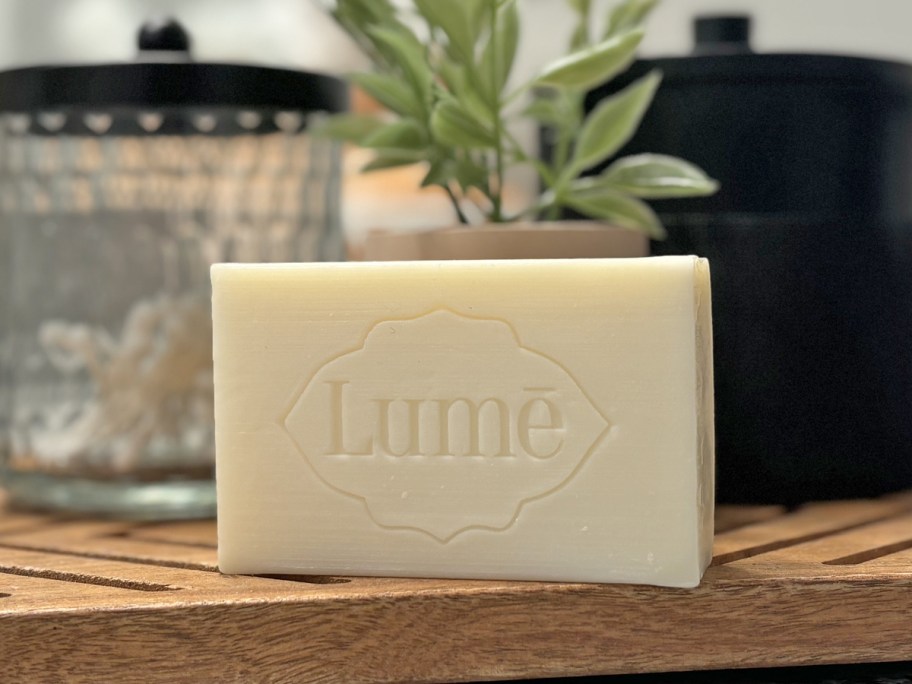 bar of lume soap on bathroom counter
