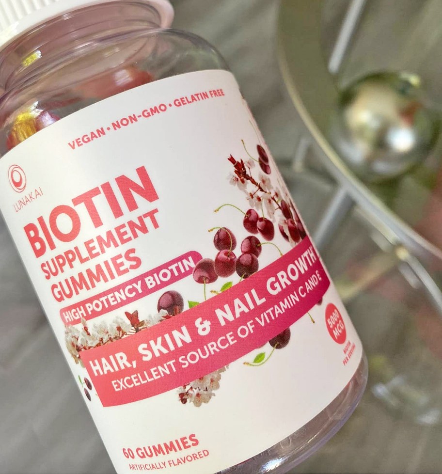 white and red bottle of Lunakai Biotin Gummies