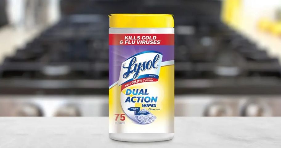 Lysol Dual Action Disinfectant Wipes 75-Count on counter