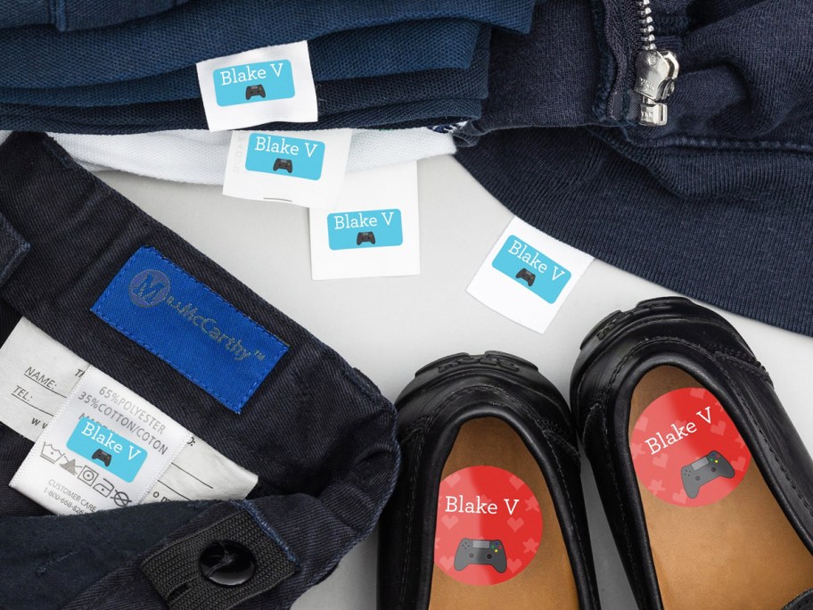 clothing and shoes with name labels