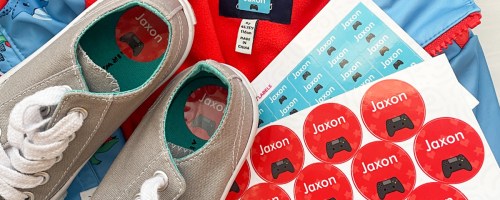 shoes and clothing with set of name labels