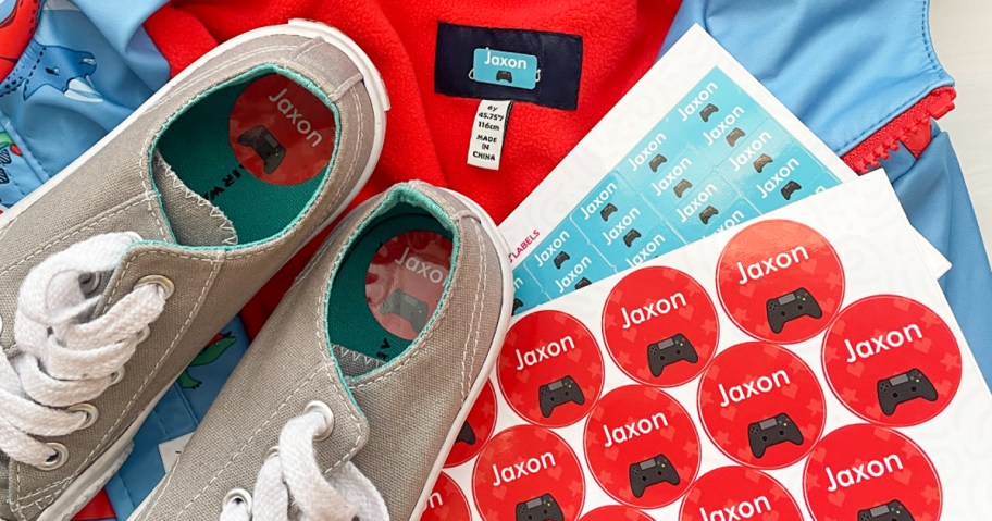 shoes and clothing with set of name labels