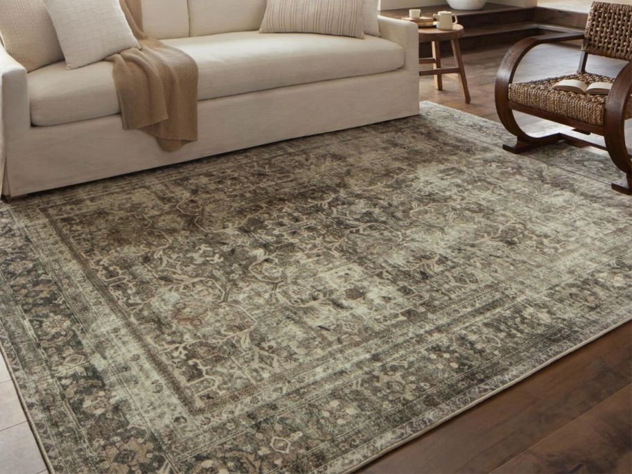 Magnolia Home By Joanna Gaines X Loloi Sinclair Machine Washable 5' x 7' Pebble/Taupe Area Rug in living room