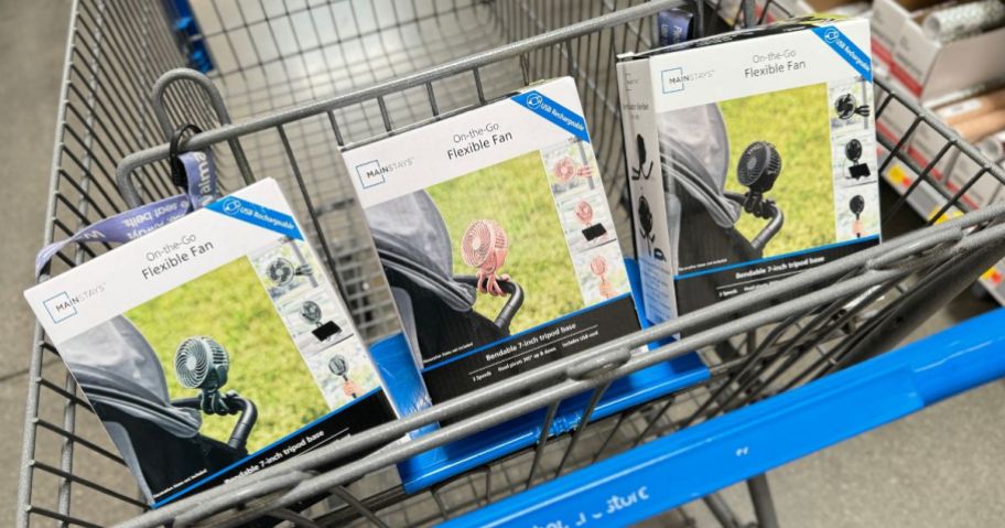 3 portable fans in a cart