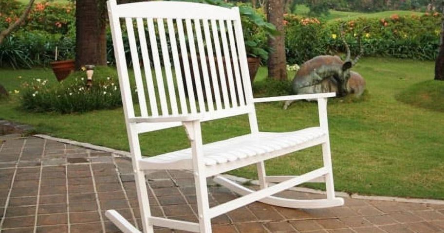 A mainstays double rocking chair outside on a patio