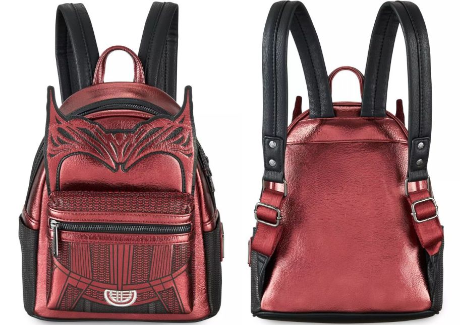 front and back views of a scarlet witch mini backpack