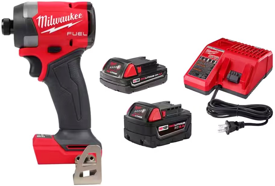 Milwaukee 18V Lithium Ion Cordless 1/4" Hex Impact Driver with two batteries and charger
