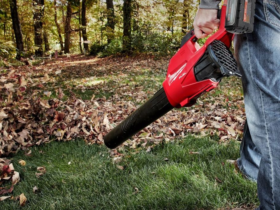 Man using a Milwaukee Blowet to blow leaves on grass