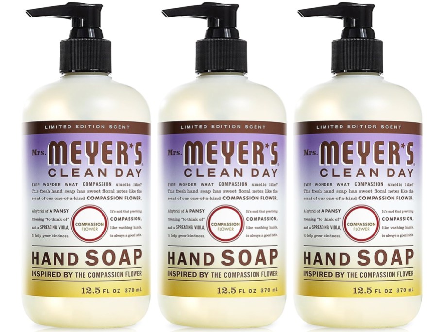 three bottles of Mrs. Meyer's Liquid Hand Soap in Compassion Flower scent