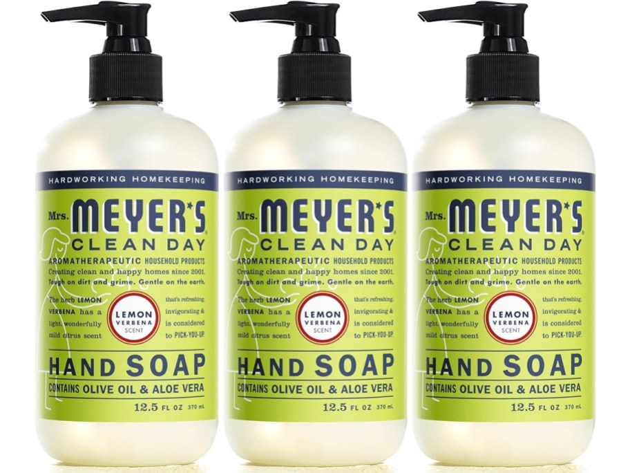 three bottles of Mrs. Meyer's Liquid Hand Soap in Lemon Verbena scent