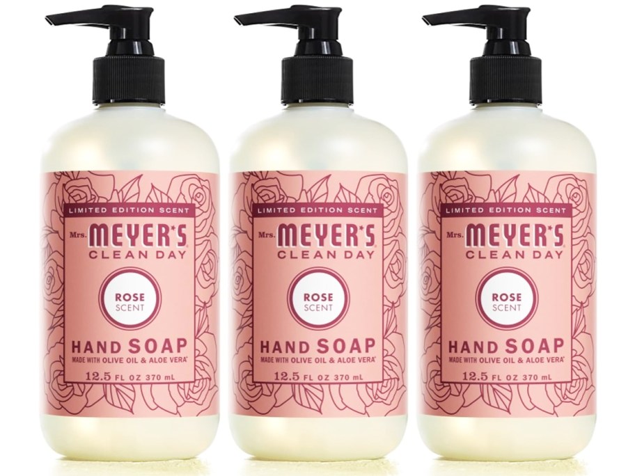 three bottles of Mrs. Meyer's Liquid Hand Soap in Rose scent