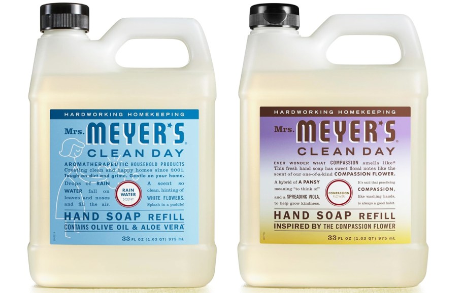 two bottles of Mrs. Meyer's Liquid Hand Soap Refills