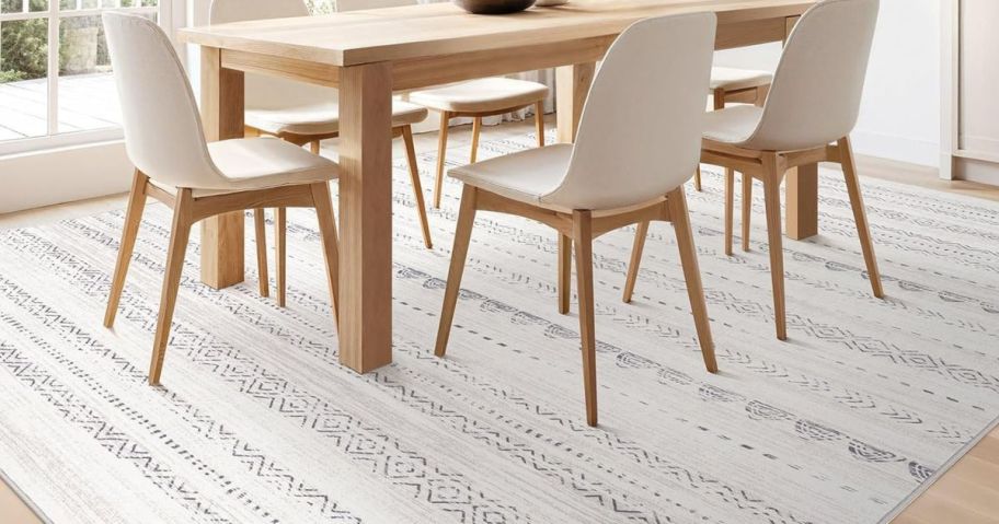 Nakagishi Washable Rug gray under a kitchen table