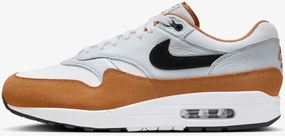 gray, white, and tan nike air max sneakers