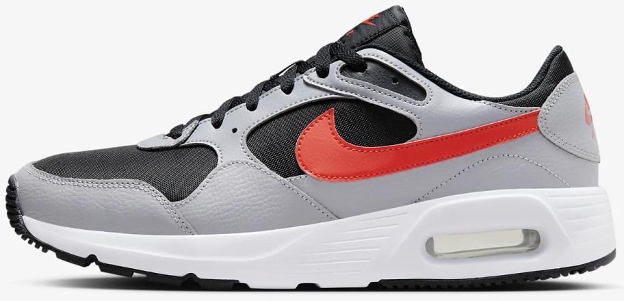 gray, black, and red nike air max sneakers