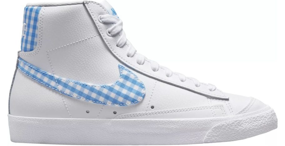 a white and light blue gingham womens hightop sneaker