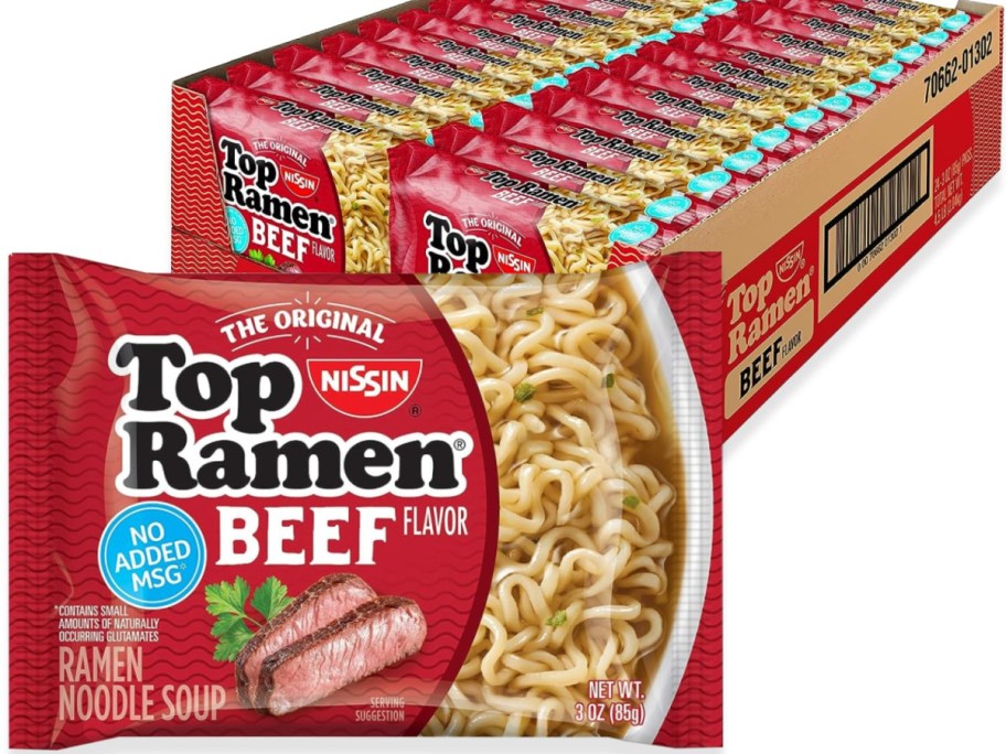 Stock image of a case of Nissin top ramen beef flavor
