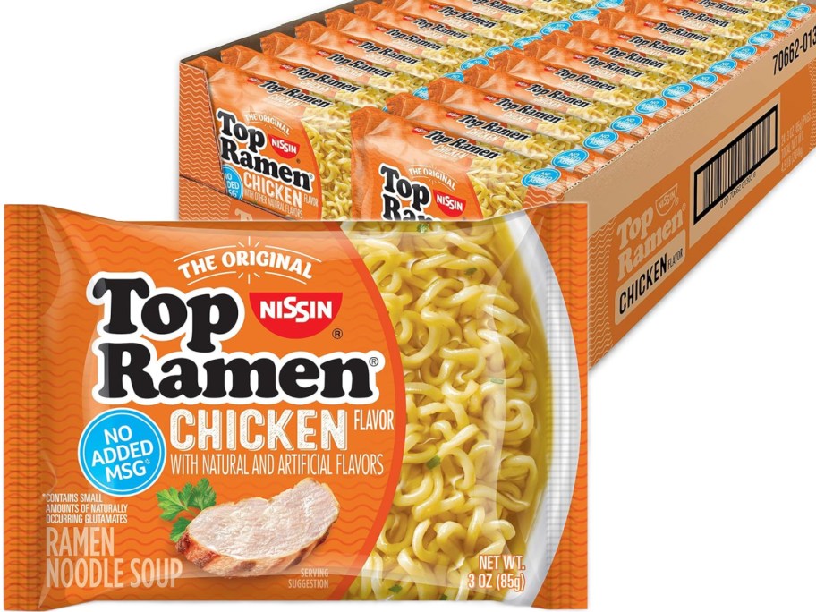 Stock image of a case of Nissin Top Ramen Chicken Flavor
