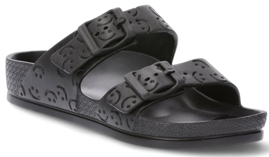 No Boundaries Women's Two Buckle Slide Sandals in black with smiley face prints