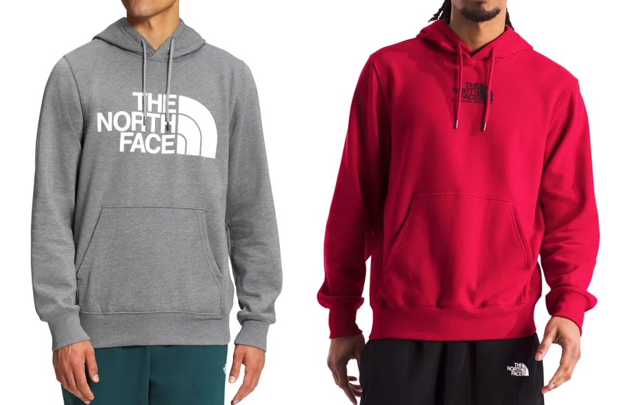 two men in grey and red north face hoodies