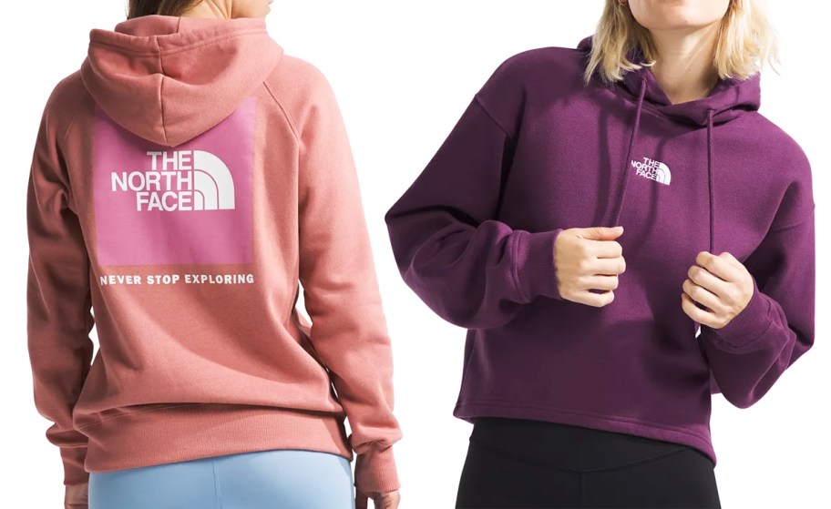 two women in pink and purple north face hoodies