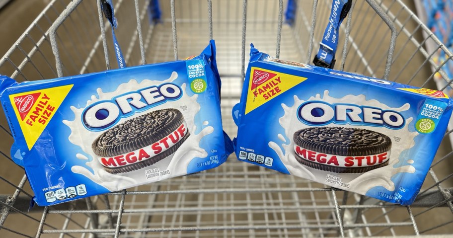 two family-size packs of OREO Mega Stuf Cookies in shopping cart