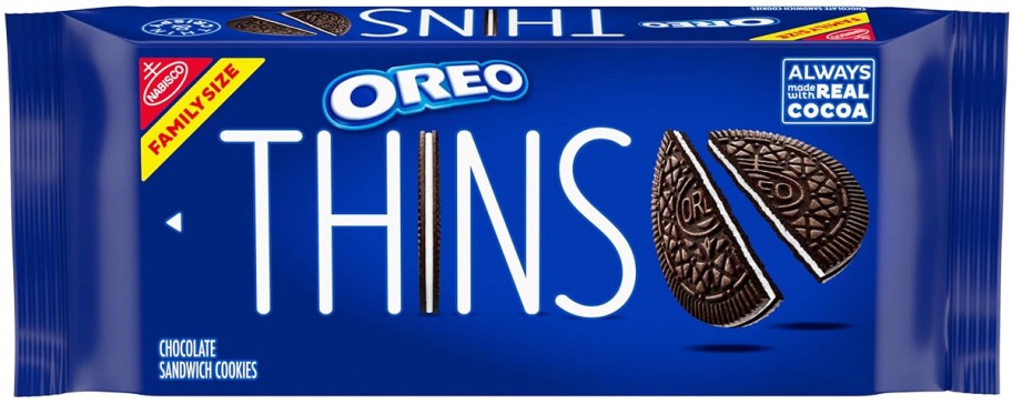 blue package of oreo thins cookies